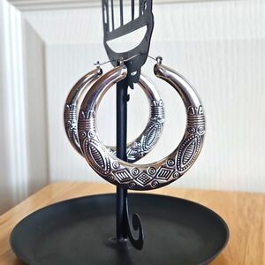 Large Silver Tone Southwestern  Design Hoop Earrings